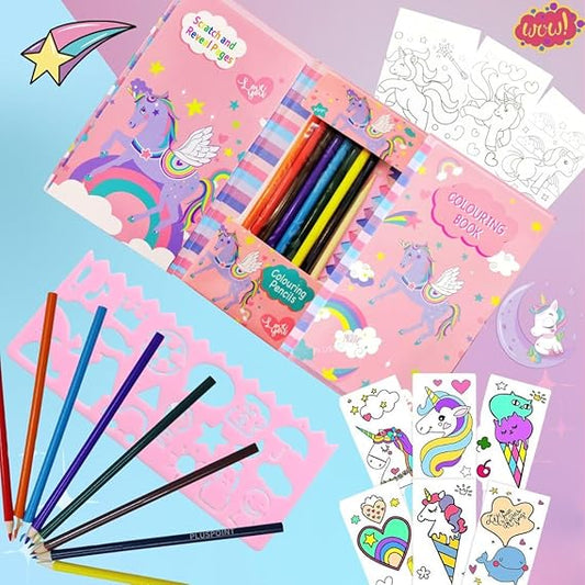 PLUSPOINT Unicorn Coloring Kit Travel Pack - 30 Pages, 10 Rainbow Scratch Papers, 8 Double Headed Colored Pencils - Perfect Travel Art Set for Kids